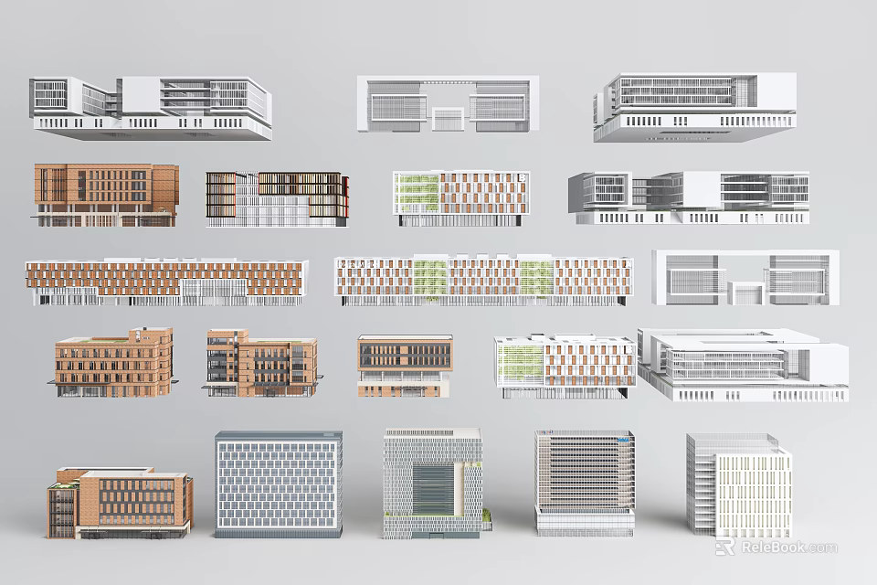 Modern Office Buildings Architectural Models in Various Styles With Glass Facades and Brick Exteriors 3d model 