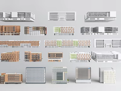 Modern Office Buildings Architectural Models in Various Styles With Glass Facades and Brick Exteriors 3d model