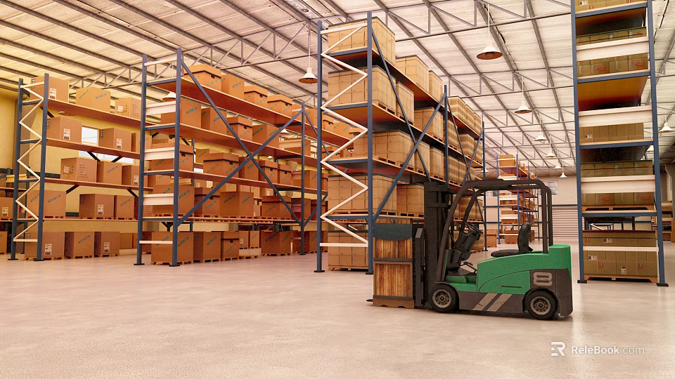 Warehouse Storage Space With Metal Racks Stacked Cartons And Green Forklift 3d model 