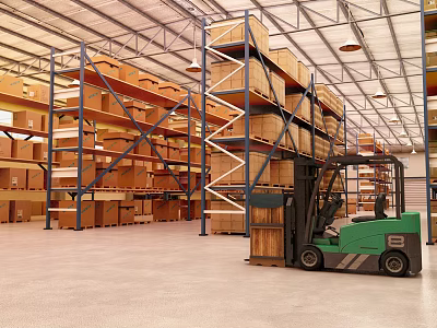 Warehouse Storage Space With Metal Racks Stacked Cartons And Green Forklift 3d model