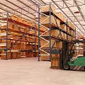 Warehouse Storage Space With Metal Racks Stacked Cartons And Green Forklift