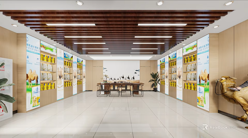 Modern Specialty Store With Wooden Ceiling White Walls Product Shelves Central Tables And Black Birds 3d model 