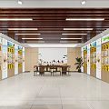 Modern Specialty Store With Wooden Ceiling White Walls Product Shelves Central Tables And Black Birds