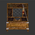 Wooden Chest Style Double Bed With Open Carved Lid And Patterned Mattress Inside