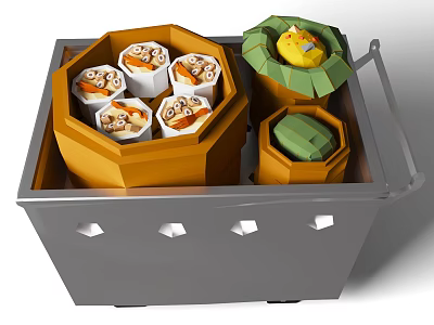 Sushi Rolls in Yellow Hexagonal Container on Gray Cart With Green Containers and Yellow Decoration 3d model