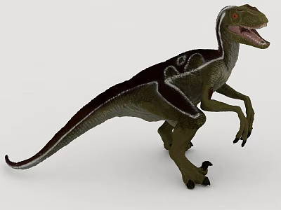 Realistic Green Dinosaur Model With Black Stripes Standing Pose Open Mouth 3d model