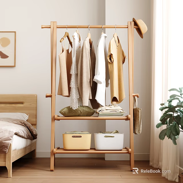 Wooden Clothes Rack With Hanging Clothes And Storage Bins In Bedroom 3d model 