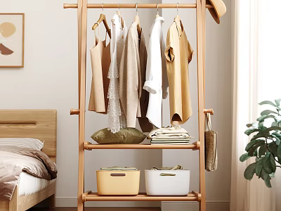Wooden Clothes Rack With Hanging Clothes And Storage Bins In Bedroom 3d model