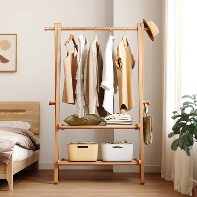 Wooden Clothes Rack With Hanging Clothes And Storage Bins In Bedroom 3d model