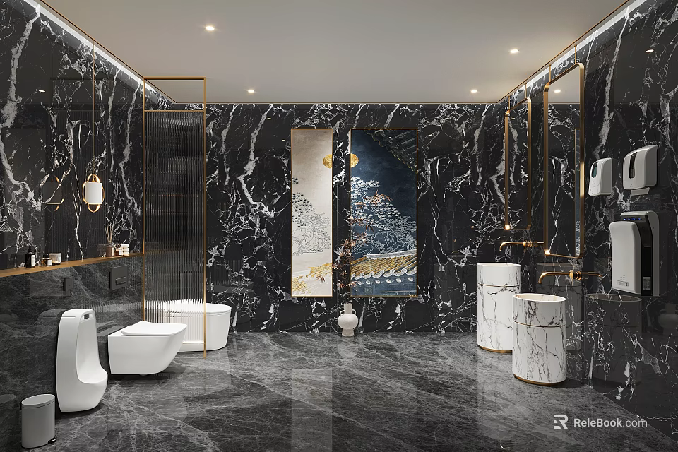 Modern Luxury Public Toilet Interior Design With Marble Walls Gold Accents And White Fixtures 3d model 
