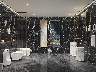 Modern Luxury Public Toilet Interior Design With Marble Walls Gold Accents And White Fixtures 3d model