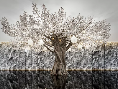 Sparkling Decorative Tree With Crystal Branches Spherical Lights Stone Wall Background And Water Reflection 3d model