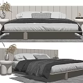 Modern Minimalist Double Bed With Wooden Panel Headboard And White Gray Bedding 3d model
