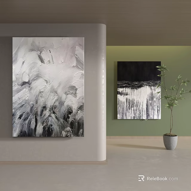 Abstract Paintings In Modern Interior With Green Plant And Wall Decor 3d model 