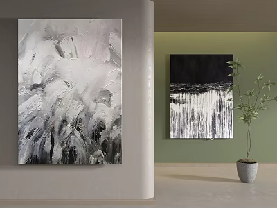 Abstract Paintings In Modern Interior With Green Plant And Wall Decor 3d model