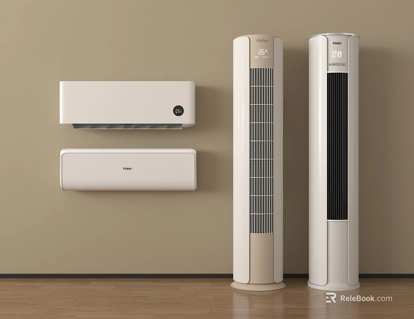 Modern Wall Mounted Air Conditioners And Tower Fans With White Beige Sleek Design 3d model 
