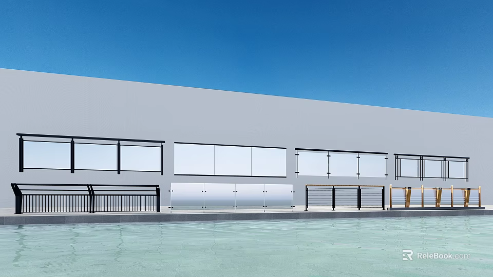 Modern White Fence Along Poolside With Clear Water And Blue Sky Backdrop 3d model 