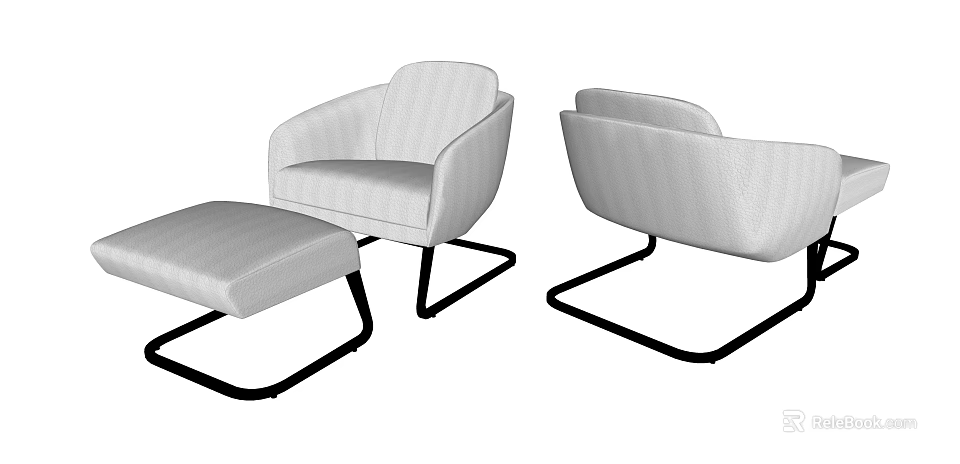 Modern Light Gray Fabric Armchair With Ottoman And Black Metal Legs 3d model 