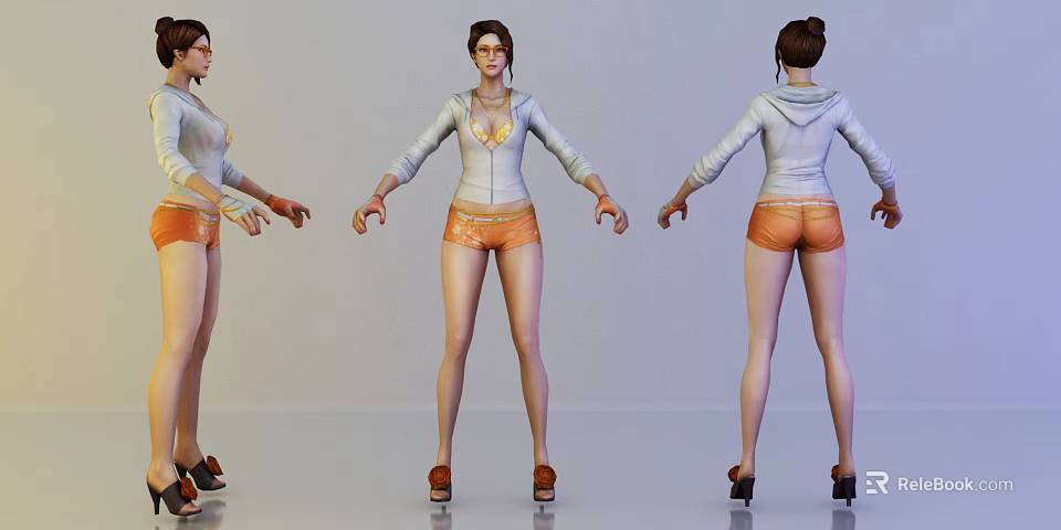 Woman In White Hoodie Orange Shorts High Heels Glasses And Necklace 3D Model Different Views 3d model 