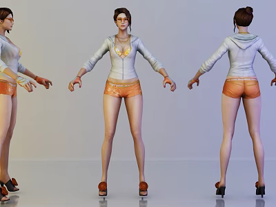 Woman In White Hoodie Orange Shorts High Heels Glasses And Necklace 3D Model Different Views 3d model