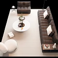 Modern Dark Sofa and Coffee Table Set with White Accent Chair Decorative Vase and Light Carpet