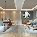 Modern Luxury Tea Room Interior With Comfortable Seats Coffee Tables Decorative Cabinets And Bright Lighting