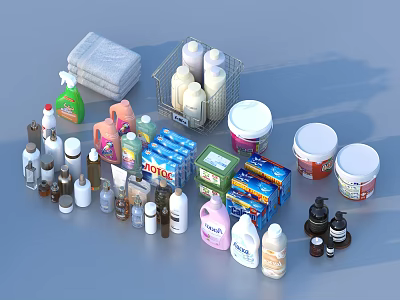 Everyday Household Supplies Display With Cleaning Bottles Towels Tissue Boxes And Jars 3d model