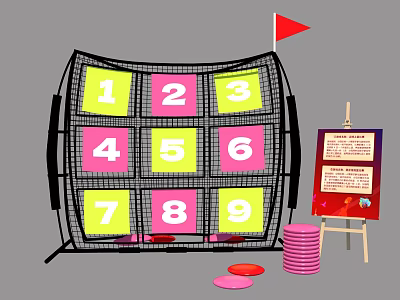 Outdoor Sports Equipment Target Net With Numbered Grids Red Flag Scoreboard And Pink Discs 3d model