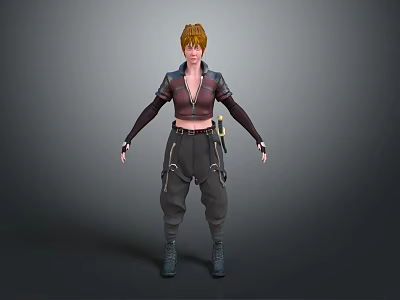 Woman With Blonde Short Hair In Brown Cropped Top Dark Cargo Pants And Boots 3d model