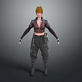 Woman With Blonde Short Hair In Brown Cropped Top Dark Cargo Pants And Boots