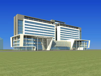 Modern Office Building Featuring Glass Facade Green Lawn And Geometric Design 3d model
