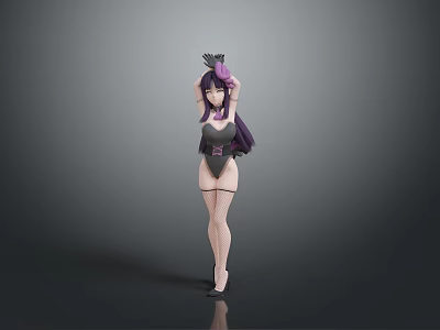 3D Female Character With Purple Long Hair Headpiece Dark Outfit High Heels On Gray Background 3d model