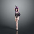 3D Female Character With Purple Long Hair Headpiece Dark Outfit High Heels On Gray Background