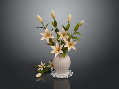 Beautiful White Lilies Arranged in White Vase on Transparent Coaster with Dark Background 3d model