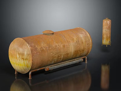 Rusty Cylindrical Oil Tank and Small Metal Container on Reflective Surface 3d model