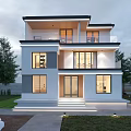 Modern Two Story Detached Villa With Large Glass Windows Balcony And Green Lawn