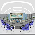 Modern Control Room with Large Screen Displaying Charts and Data Blue Chairs and Control Consoles