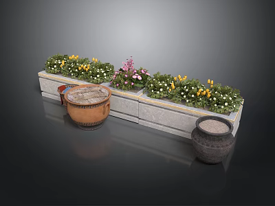 Long Stone Flower Planter With Mixed Colorful Flowers And Decorative Clay Urns 3d model