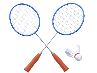 Blue Badminton Rackets With Brown Handles Crossed With White Shuttlecock Sports Equipment 3d model