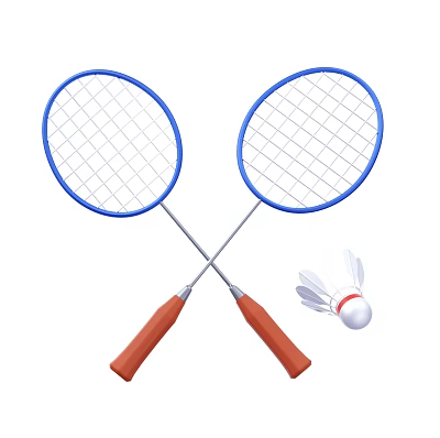 Blue Badminton Rackets With Brown Handles Crossed With White Shuttlecock Sports Equipment 3d model
