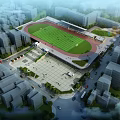 Aerial View Of School Architectural Complex With Stadium And Plaza
