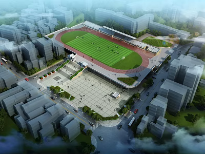 Aerial View Of School Architectural Complex With Stadium And Plaza 3d model
