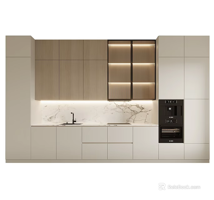 Modern Kitchen Interior With Light Wood Cabinets Marble Countertop And Built In Lighting 3d model 