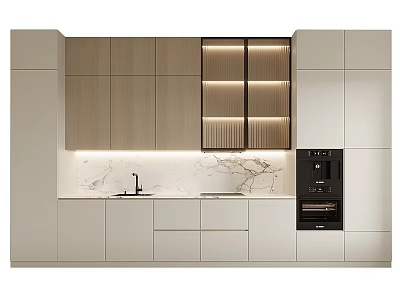 Modern Kitchen Interior With Light Wood Cabinets Marble Countertop And Built In Lighting 3d model