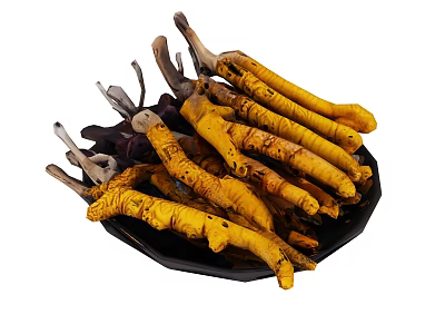 Dried Cordyceps Mushrooms Arranged On Black Plate For Health Supplement 3d model