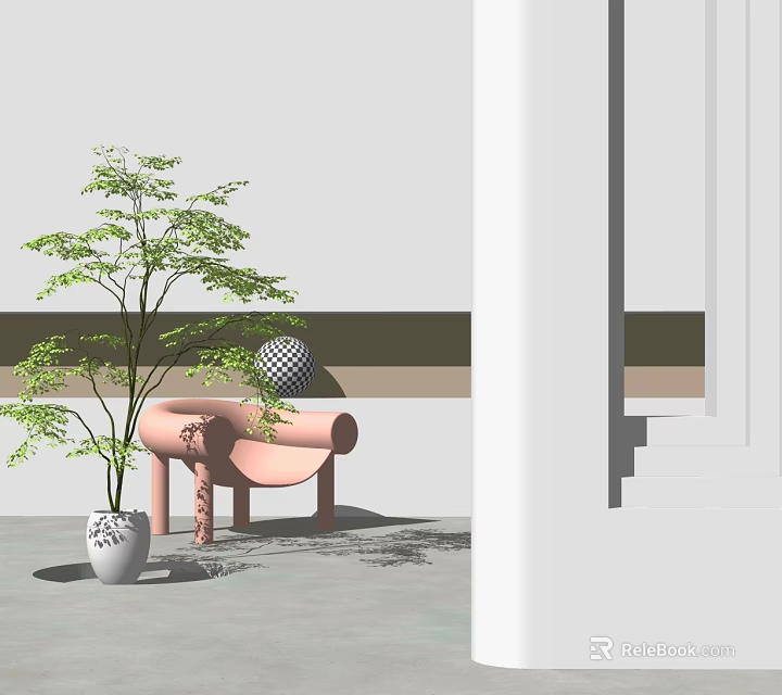 Pink Leisure Chair In Light Room With Green Plant And White Planter 3d model 