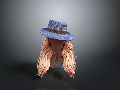Character With Pink Long Hair Wearing Blue Straw Hat On Gray Background 3d model