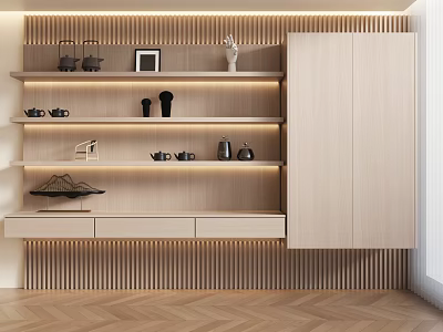 Modern Wooden Bookcase Interior Design With LED Lighting Decorative Items And Drawers 3d model