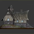 Enchanted Stone Wooden Cottage With Tiled Roof Small Tower Gravestones And Vintage Wheel