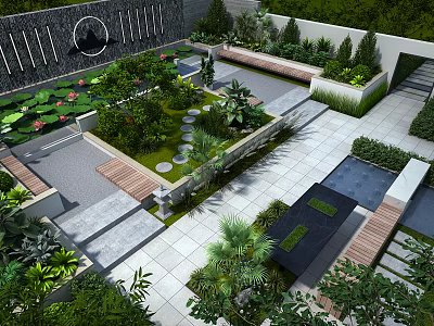 Modern Garden Landscape With Pond Stone Path Greenery And Seating Areas 3d model